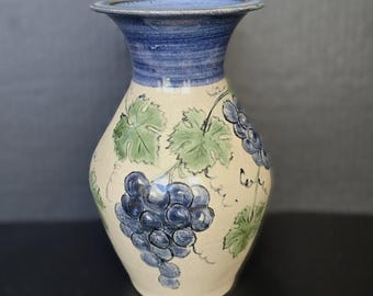 Gills Rock Pottery, Signed by Thor, Hand-Painted Grape & Leaf Vase