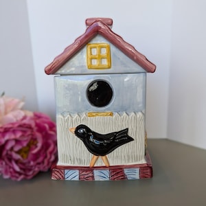 International Birdhouse Black Bird Sunflower Cookie Jar, Vintage BICO