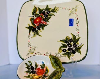 Olive Design Serving Set, Made in Greece, Hand Painted, Vintage