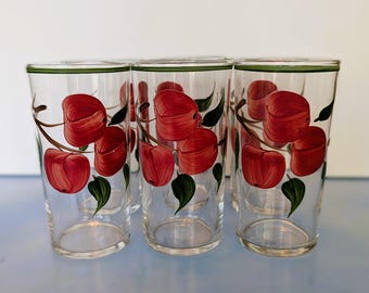 Vintage Green Rim Crabapple Glasses by Blue Ridge Southern Pottery, Set of 6