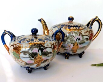 Vintage Japanese Teapot and Sugar Bowl, Split Handles Gold Trim, Hand Painted