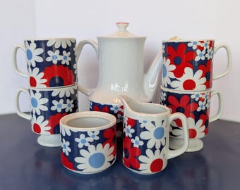 Vintage 1960's Porcelain Coffee Set by Napco Japan Retro Floral Design. 8 piece set.