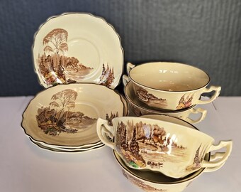 Myott, Son and Co. Homeland pattern dinnerware, Cream Soup Bowl & Saucer (Set of 4)