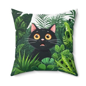 Almohada tropical de gato sorprendido, regalo para amantes de los gatos, cojín cuadrado divertido con gato, decoración del hogar de gatito sorprendido, almohada floral verde, gato sorprendido