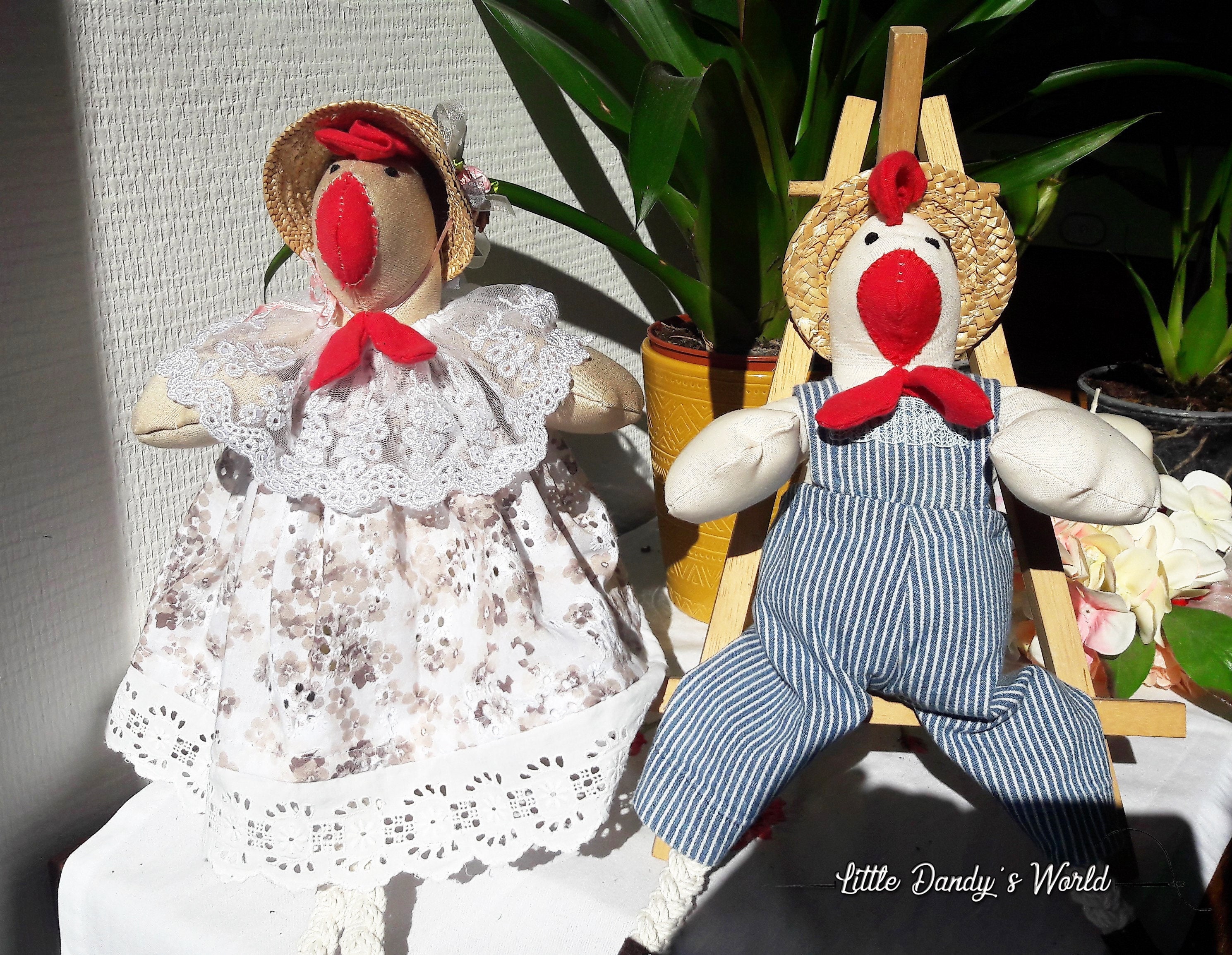 Couple Of Hens Entirely Sewn By Hand - Easter Decoration Chicken/Couple de Poules Entièrement Cousue