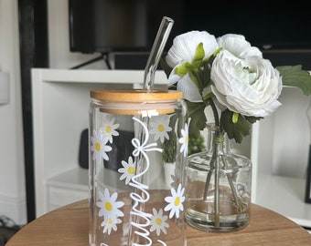 Personalised Glass Bamboo Cup with Lid & Straw | Reusable Cups | Tumbler cup with daisy | BPA Free |  Clear cup | Bamboo Lid Can Glass