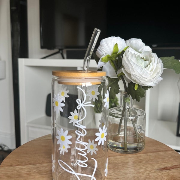 Personalised Glass Bamboo Cup with Lid & Straw | Reusable Cups | Tumbler cup with daisy | BPA Free |  Clear cup | Bamboo Lid Can Glass