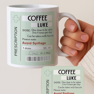 Personalised Prescription Coffee Mug,  Custom Name & Drink, Funny Gift for Coffee Lovers,  Coworker Office Mug,  325ml Sublimation Cup, Xmas