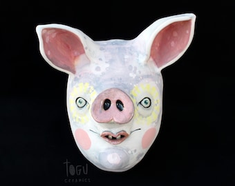 Pig Sculpture, Ceramic Mask, Ceramic Wall Art, Handmade Pig Figurine, Ceramic Home Decor, Ceramic Pig Face
