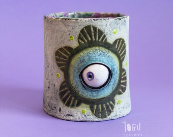 Ceramic Planter, Handmade Flower Pot, Ceramic Evil Eye, Unique Plant Pot