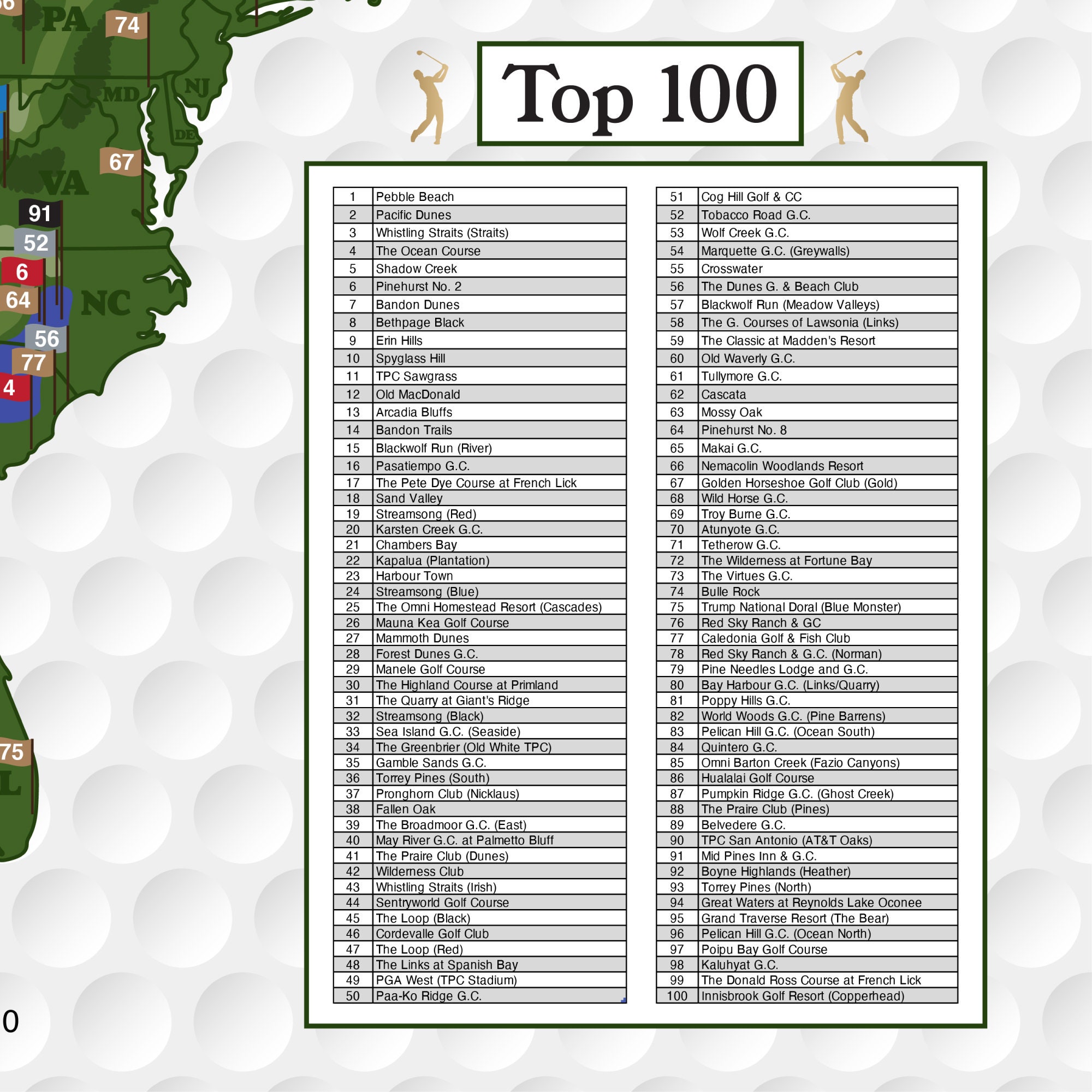 Top 100 US Public Golf Courses List Golf Bucket List Map Etsy