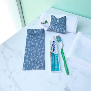 Étui, pochette nomade pour brosse à dents et dentifrice coton biologique, pochette à savon offerte. Modèles au choix.