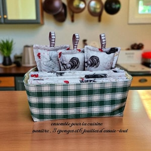 kit cuisine zéro déchet, panière, 6 essuie-tout et 3 éponges
