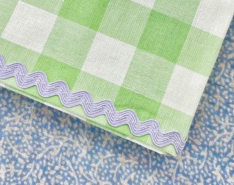 dish/tea towel - mint/pastel green gingham & lavender purple ric rac trim - preppy grandmillennial easter and spring kitchen decor