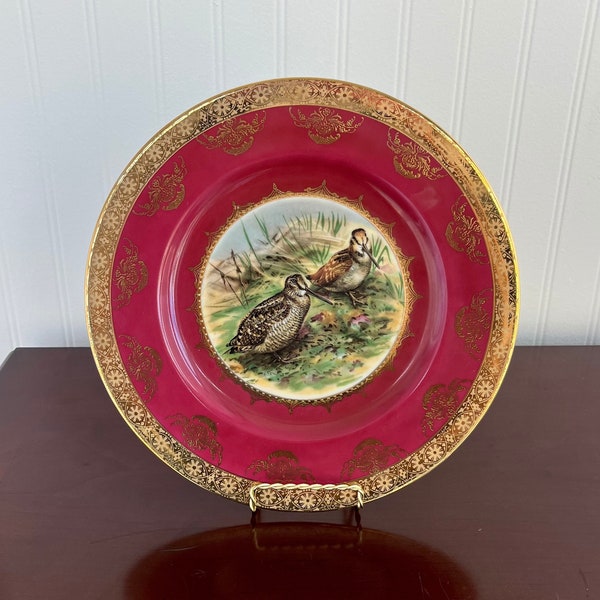 stw bavaria germany -  bareuther waldsassen game bird "woodcock" 10 1/2" (plate #1) - cranberry/raspberry w/gold trim - rare porcelain china