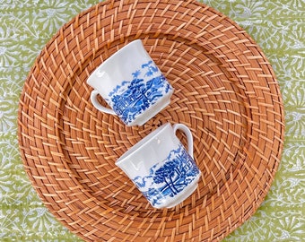set of two - blue & white english countryside cottage toile print mugs/teacups - china made in england - grandmillennial/cottagecore