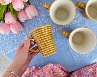 set of five - tan bamboo pattern textured glossy mugs/cups - chinoiserie/coastal ceramics - rare bamboo coffee cups