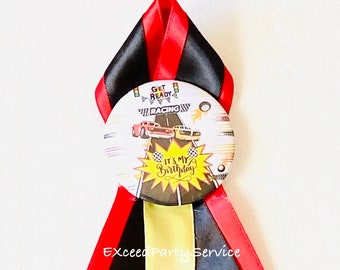 Racing Car Birthday Party Badge Corsage Birthday Pin Custom Birthday Pins Racing Car theme Birthday Party Pin Badge
