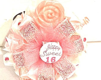 Birthday Corsage Happy Birthday Party Sugar Cubes  Candy Corsage Sweet 16 Birthday Party Wrist Corsage Pale Pink and Iridescent  Rose Gold
