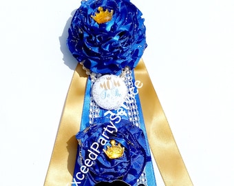 Blue Gold Baby Shower  Party Themed Ribbon Corsage For Mom &Dad To Be Pin Boy baby Shower pin
