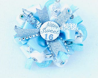 Sweet 16 Birthday Corsage Happy Birthday Party Sugar Cubes Corsage Birthday Party Wrist Corsage Blue White Silver