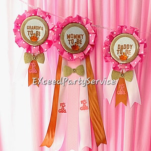 Girl Baby shower Royal Princess   Party Themed  Corsage Ribbon Corsage For Mom and DadPolka dot Pink ,White and Gold/ Baby Shower Pin