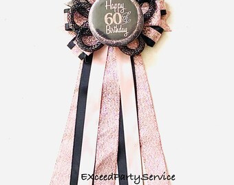 Rose Pink Birthday Party Pin Custom Birthday Ribbon Corsage Rose Gold and Black