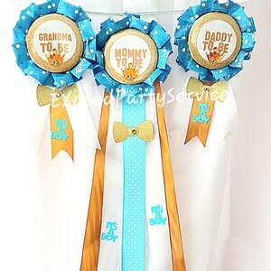 Royal Prince Baby Shower  Party Themed  Corsage Ribbon Corsage For Mom and DadPolka dot Blue ,White and Gold/ Baby Shower Pin