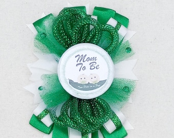 Two Peas in a Pod baby shower ribbon corsage Mom to be corsage twins baby shower theme Pin Green