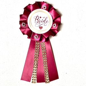 Bride Birthday  pin ribbon corsage Wedding Badge Custom Burgundy Bridal Shower Award Ribbon