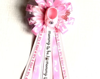 It's  a Girl Baby Shower  Pin / Girl Baby Shower Party Decoration/  Pink Mom To Be  Ribbon Corsage Baby Feet Baby Shower Badge