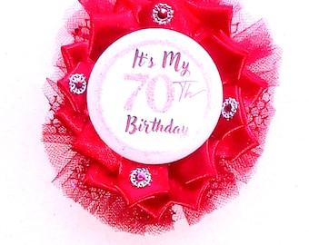 70th Birthday Party Button  Brooch Custom Personalized  Birthday Pin Retirement Pin Red Customize Number Birthday Badge
