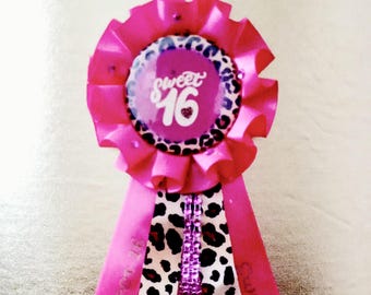 Leopard Print Pink Birthday Badge Sweet 16Birthday Number Pin Custom Bat Mitzvah Rosette Birthday Pins Award Ribbon
