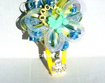 Royal Blue &Lime Green Baby Feet FootPrints Baby Shower Party Mom To Be Ribbon Corsage