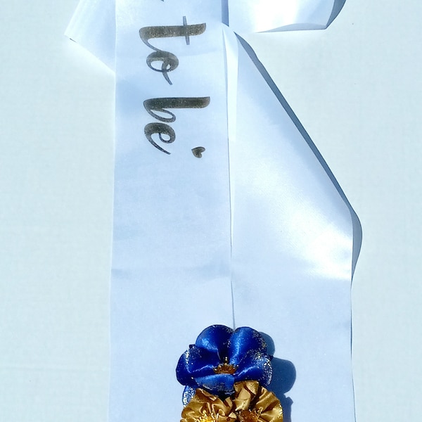 Royal Blue Gold White Prince  Themed  Baby Shower Over the Shoulder Sash White with Gold Writing