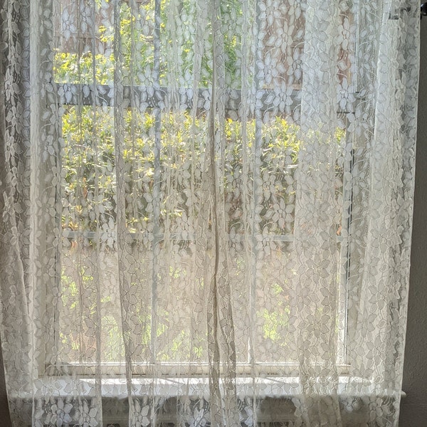 Double Panel (2) Floral Lace Sheers/Curtain, Off-White, Light-filtering (93L x 90W =  1 Double Panel covers 36" Window), Vtg