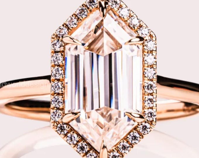 Featured listing image: 3.00 CT Hexagon Cut Moissanite Engagement Ring | Double Halo Wedding Ring | Bezel Set Designer Ring | Vintage Style Proposal Ring