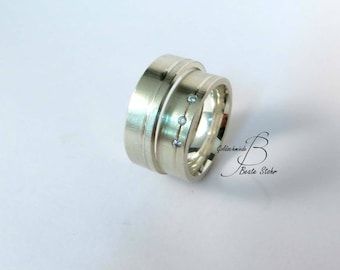 Wedding rings with 3 diamonds silver handmade