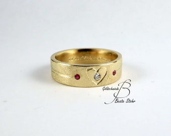 Wedding ring with heart diamond & ruby gold