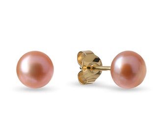 Orecchini a bottone con vera perla d'acqua dolce rosa da 6 mm in argento placcato oro