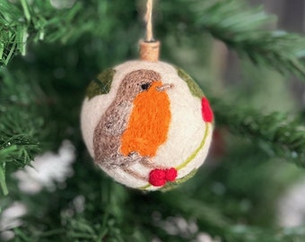 Boule de Noël en feutre faite à la main I Décoration de Noël I Pendentif I Décoration rouge-gorge I Décoration de Noël I Boule de sapin de Noël Boule de houx en feutre