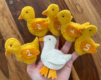 Educational game finger puppet ducks, counting game, felt animals five little ducklings, tell stories, Montessori