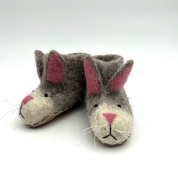 Chaussures pour enfants pantoufles lapin en laine de mouton feutrée à la main