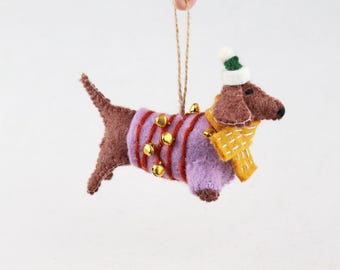 Felt Dachshund Christmas Ornament | Felt Christmas Tree Decoration | Christmas Decoration | Christmas Dachshund with Hat | Dog Pendant