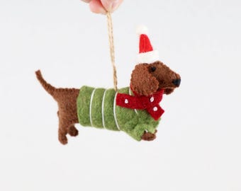 Felt Dachshund Christmas Ornament | Felt Christmas Tree Decoration | Christmas Decoration | Christmas Dachshund with Hat | Dog Pendant