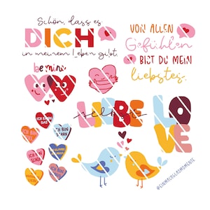 Könnte beinhalten: Eine bunte Illustration mit Herzen, Vögeln und den Wörtern "Liebe" und "Love" in Deutsch und Englisch. Der Text "Schön, dass es Dich in meinem Leben gibt. Von allen Gefühlen bist du mein liebster." ist ebenfalls im Bild enthalten.
