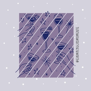 May include: Illustration featuring cocktail glasses, wine glasses, and hands holding glasses, with stars and sparklers on a purple background. The text "@EINMACHGLASMOMENTE" is in the image. The background is light grey with white dots.