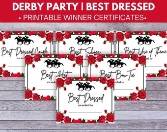 May include: Printable winner certificates for a Derby Party. The certificates have a white background with a black border and red rose accents. Each certificate features a silhouette of a horse race and text such as "Best Dressed Couple".