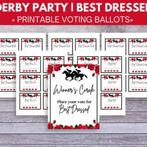 May include: Printable voting ballots for a Derby party's best dressed contest. The ballots feature a black silhouette of two horses and red roses. The text "Winner's Circle" and "Place your vote for Best Dressed" are printed on the ballot.
