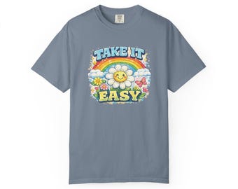 Take It Easy Sunshine Graphic T-Shirt | Retro Rainbow Flower Design